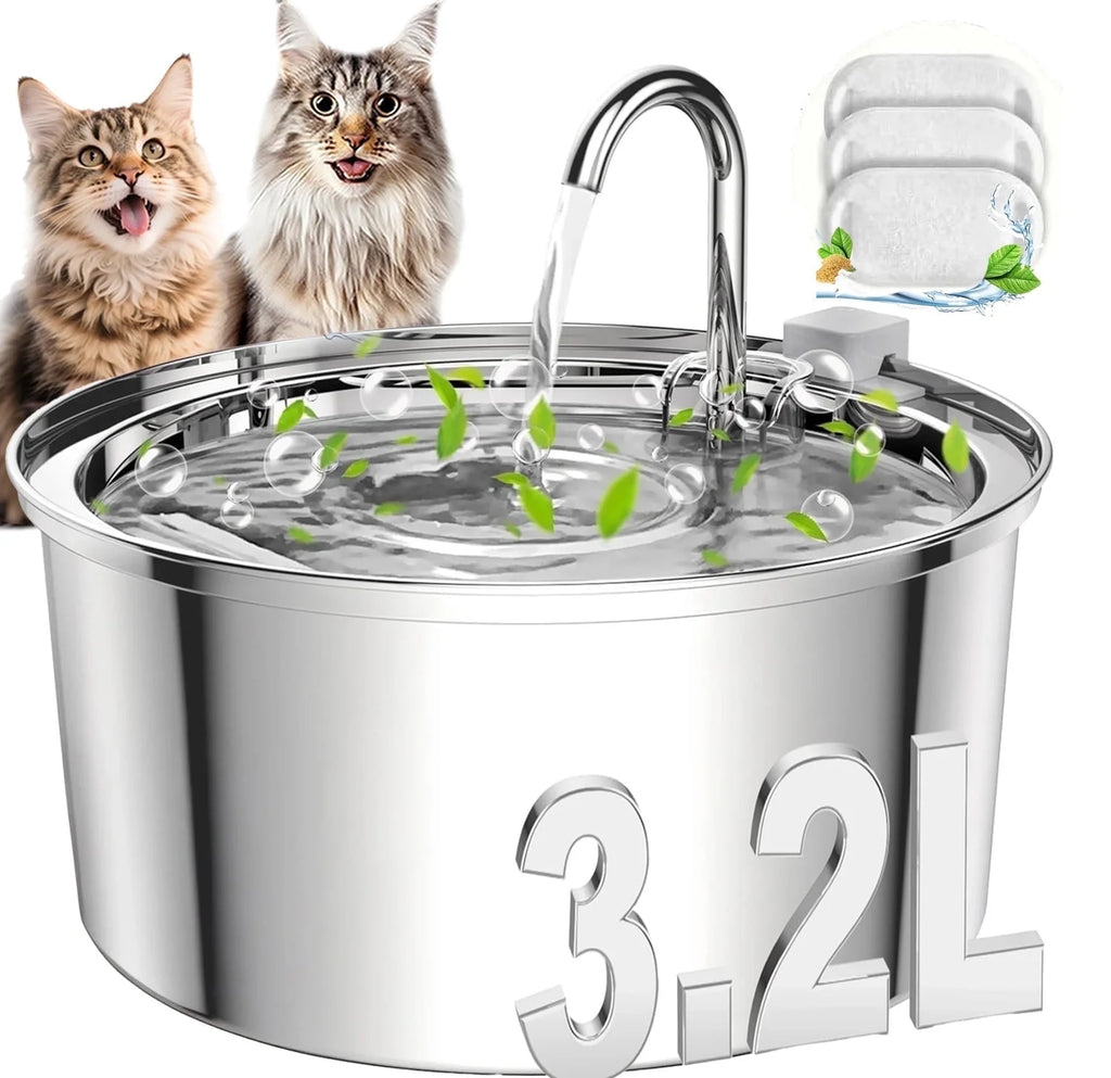 Cat Water Fountain, 108Oz/3.2L Stainless Steel Cat Water Fountain with Replacement 3 Filters, Automatic Pet Fountain Dispenser for Cats Dogs, Electric Cat Fountain with Ultra-Quiet Pump