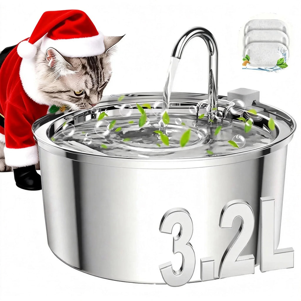 Cat Water Fountain, 108Oz/3.2L Stainless Steel Cat Water Fountain with Replacement 3 Filters, Automatic Pet Fountain Dispenser for Cats Dogs, Electric Cat Fountain with Ultra-Quiet Pump