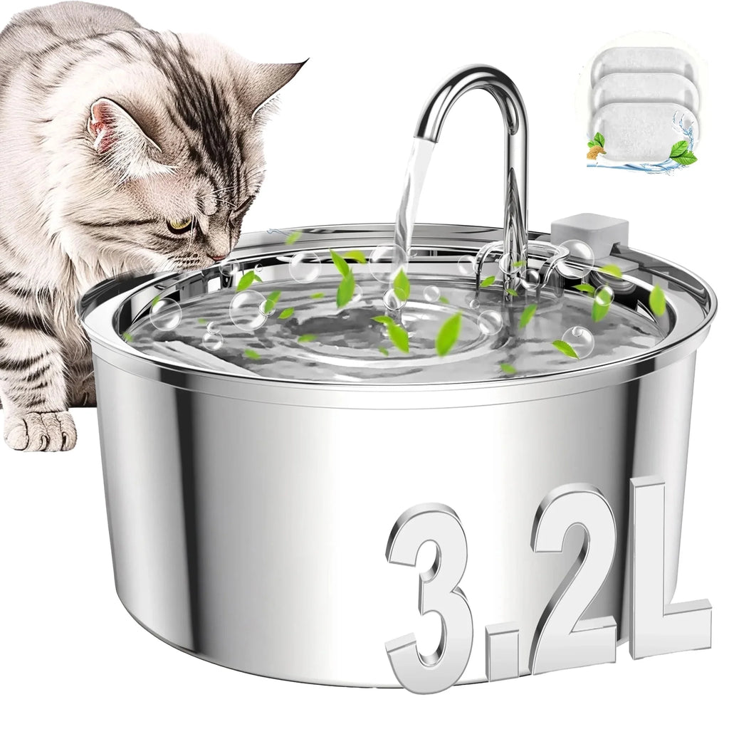 Cat Water Fountain, 108Oz/3.2L Stainless Steel Cat Water Fountain with Replacement 3 Filters, Automatic Pet Fountain Dispenser for Cats Dogs, Electric Cat Fountain with Ultra-Quiet Pump