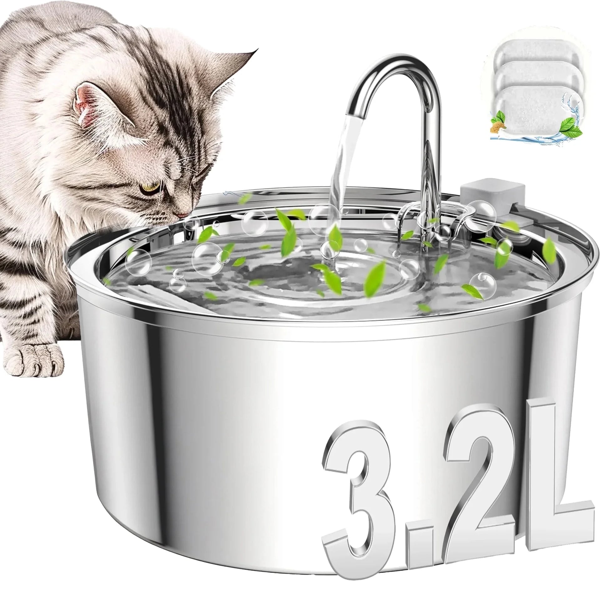 Cat Water Fountain, 108Oz/3.2L Stainless Steel Cat Water Fountain with Replacement 3 Filters, Automatic Pet Fountain Dispenser for Cats Dogs, Electric Cat Fountain with Ultra-Quiet Pump